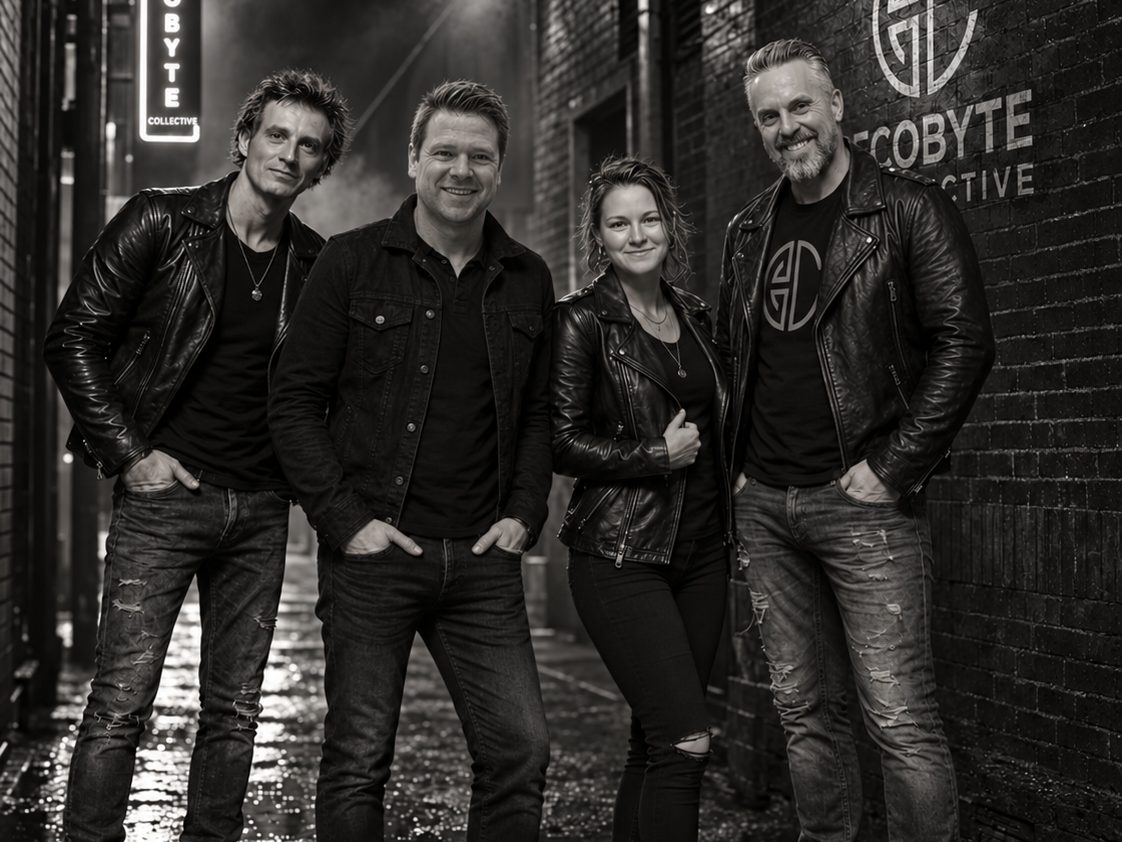 Band portrait in an alley under the Ecobyte Collective sign